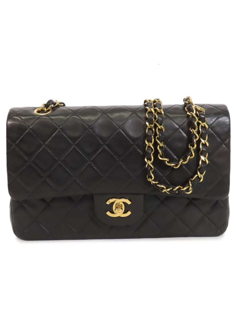 Chanel Chain Black Gold Lambskin Quilted 25 Double Flap Shoulder Bag